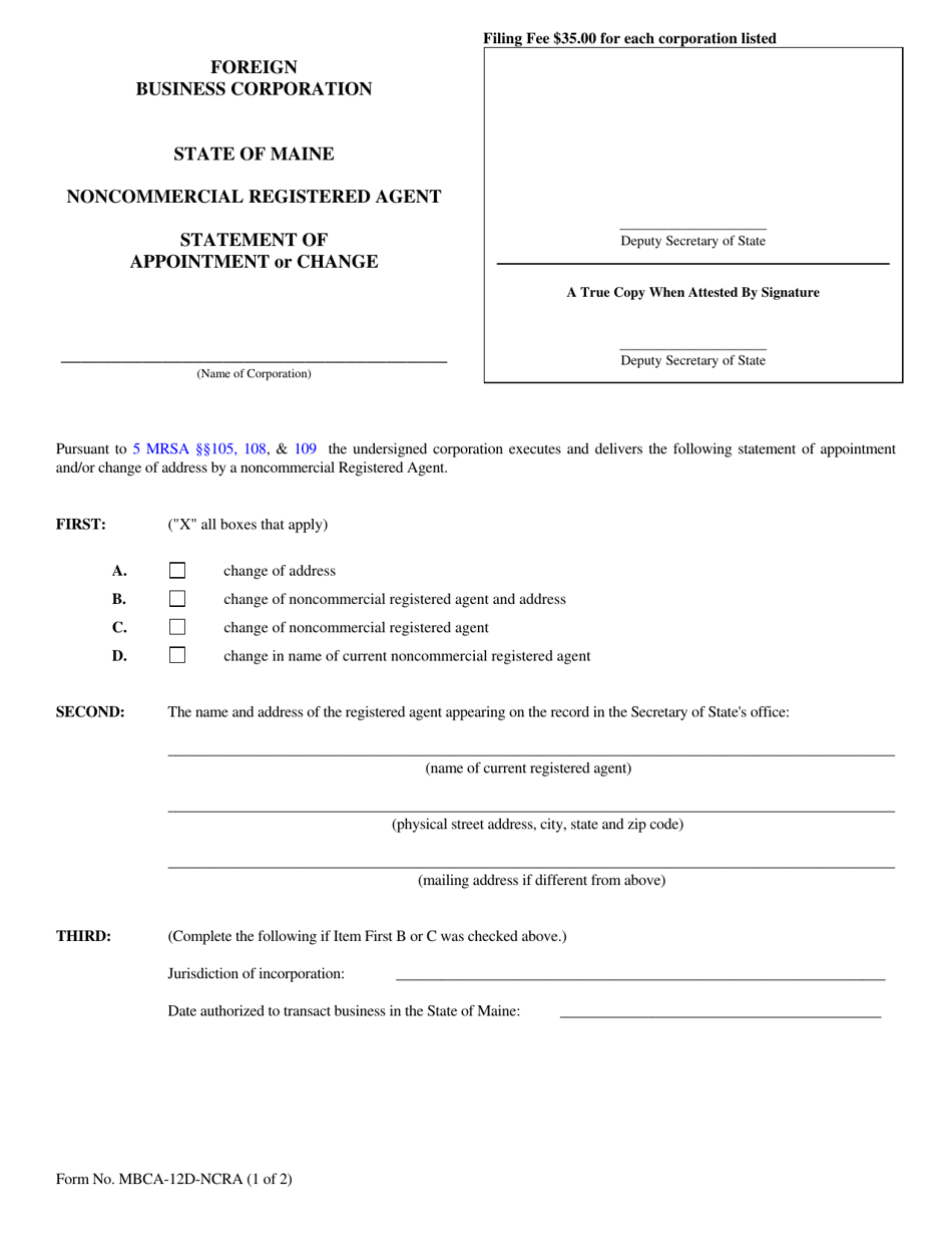Form MBCA-12D-NCRA Statement of Appointment or Change - Noncommercial Registered Agent - Maine, Page 1