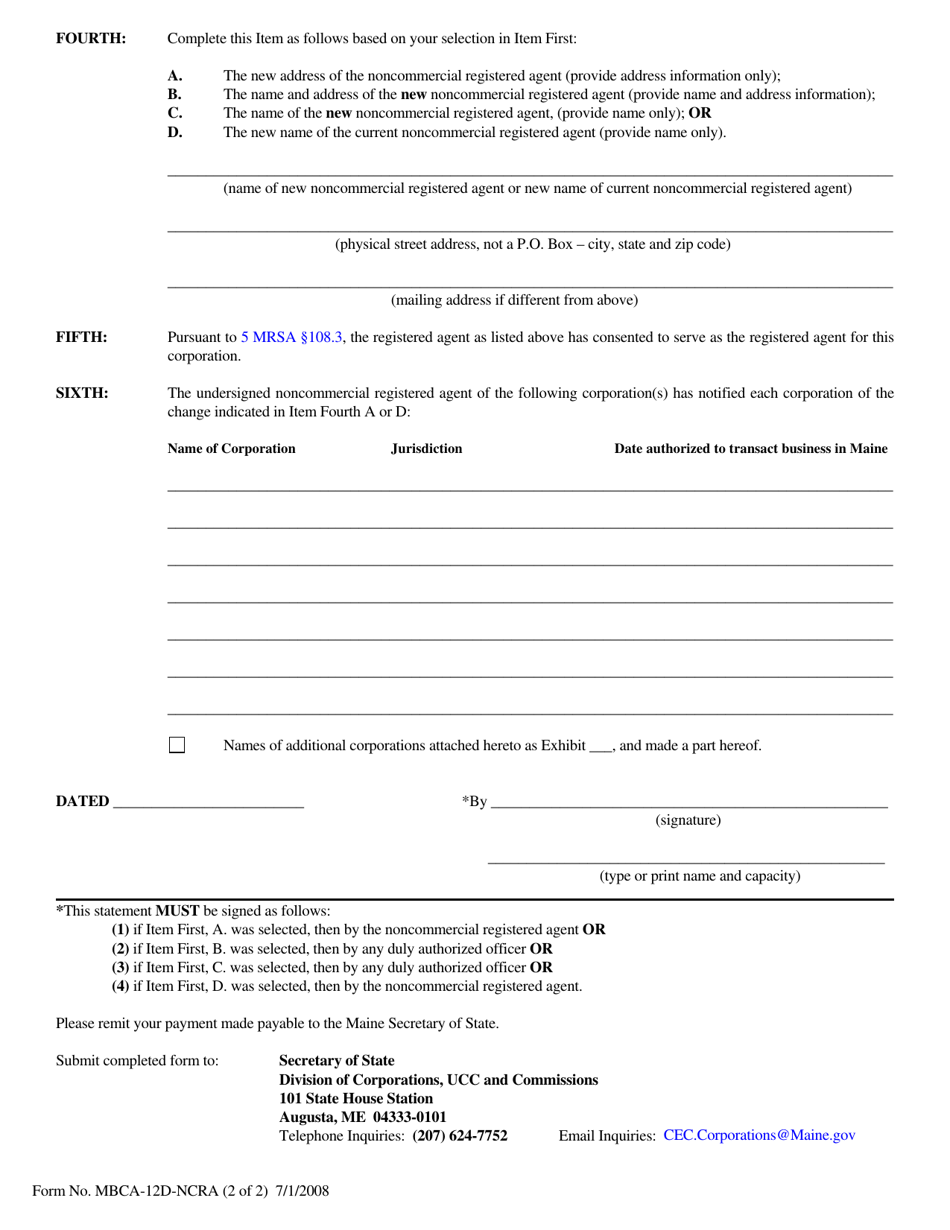 Form MBCA-12D-NCRA Statement of Appointment or Change - Noncommercial Registered Agent - Maine, Page 2