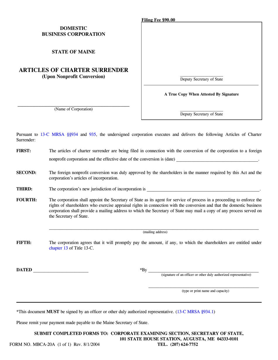 Form MBCA-20A Articles of Charter Surrender (Upon Nonprofit Conversion) - Maine, Page 1
