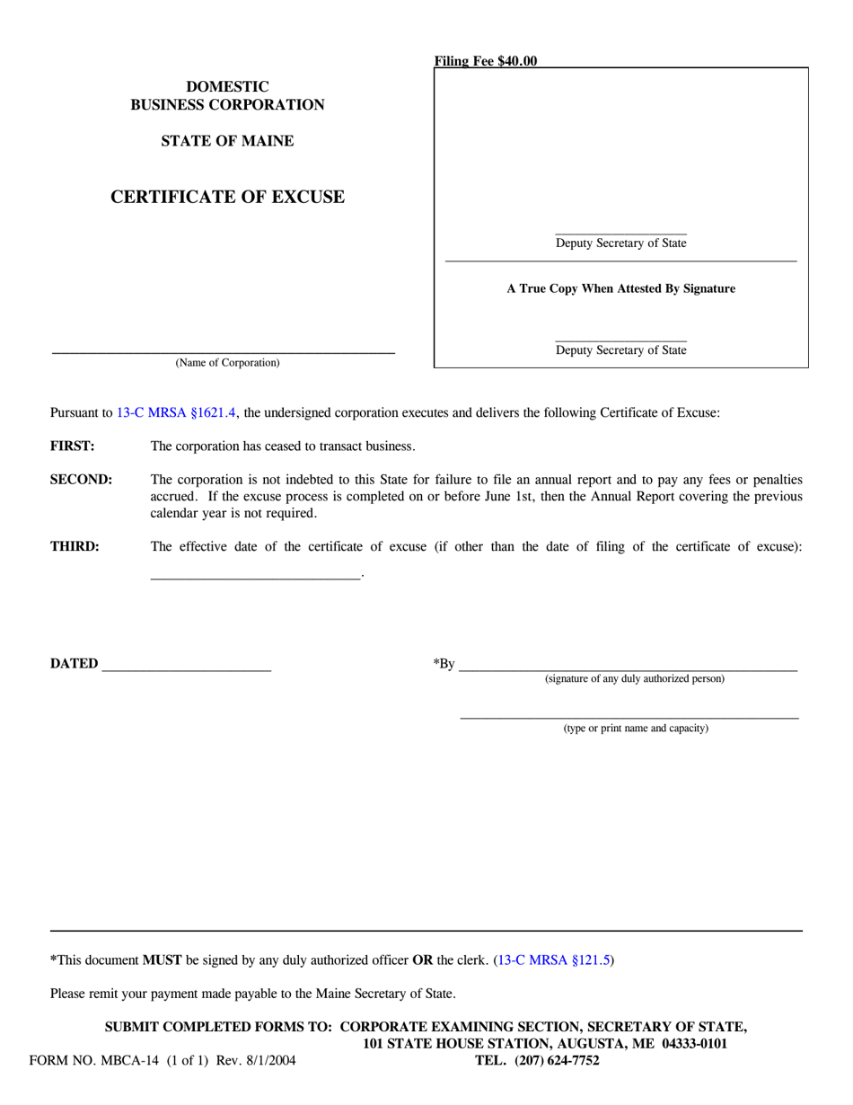 Form MBCA-14 Certificate of Excuse - Maine, Page 1