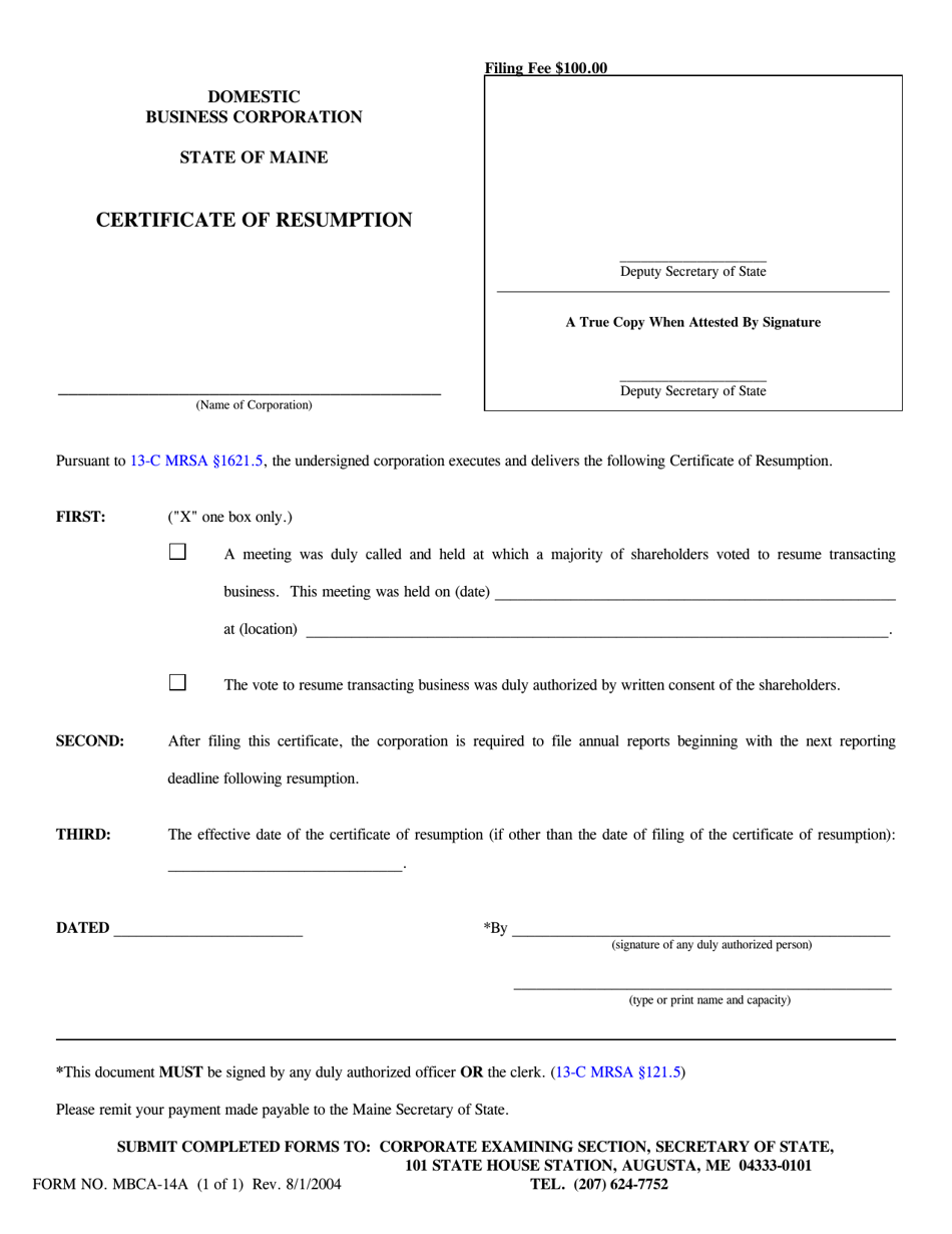 Form MBCA-14A Certificate of Resumption - Maine, Page 1