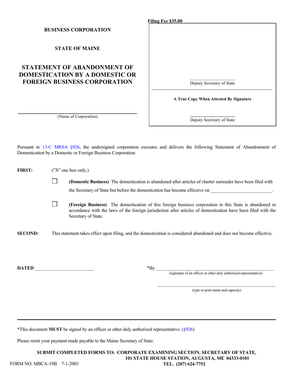Form MBCA-19B Statement of Abandonment of Domestication by a Domestic or Foreign Business Corporation - Maine, Page 1
