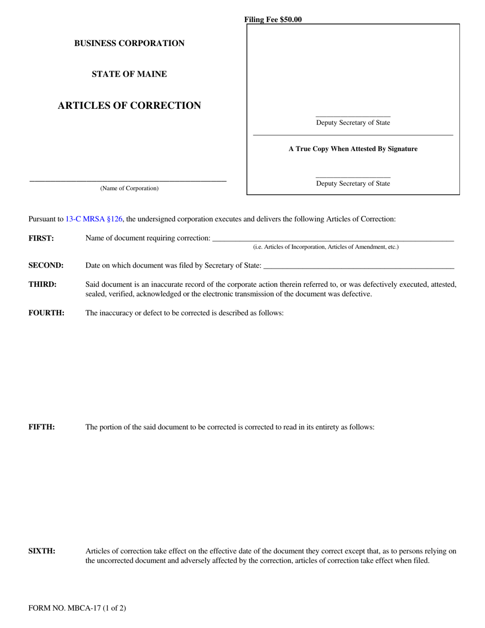 Form MBCA-17 Articles of Correction - Maine, Page 1
