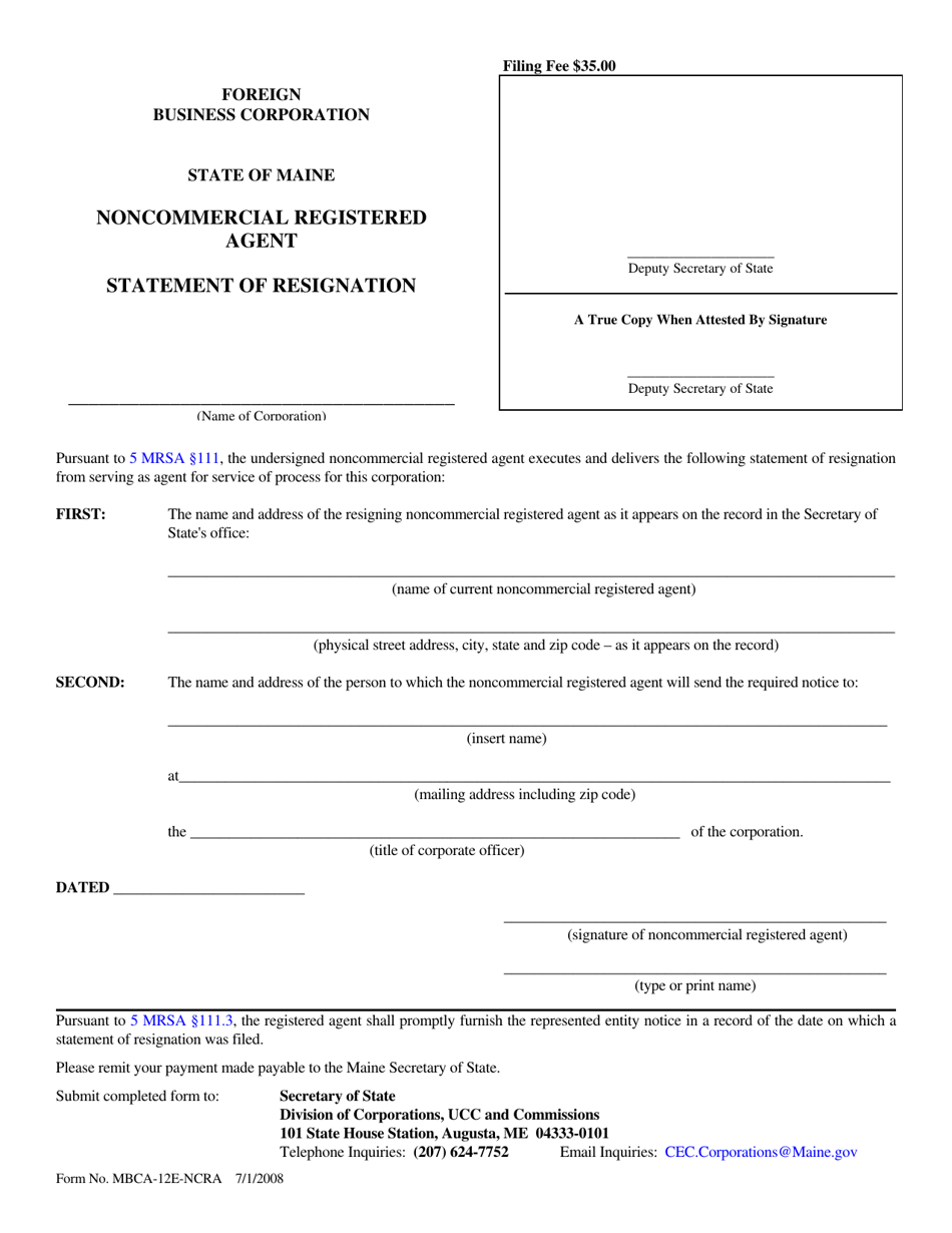 Form MBCA-12E-NCRA Resignation of Noncommercial Registered Agent - Maine, Page 1