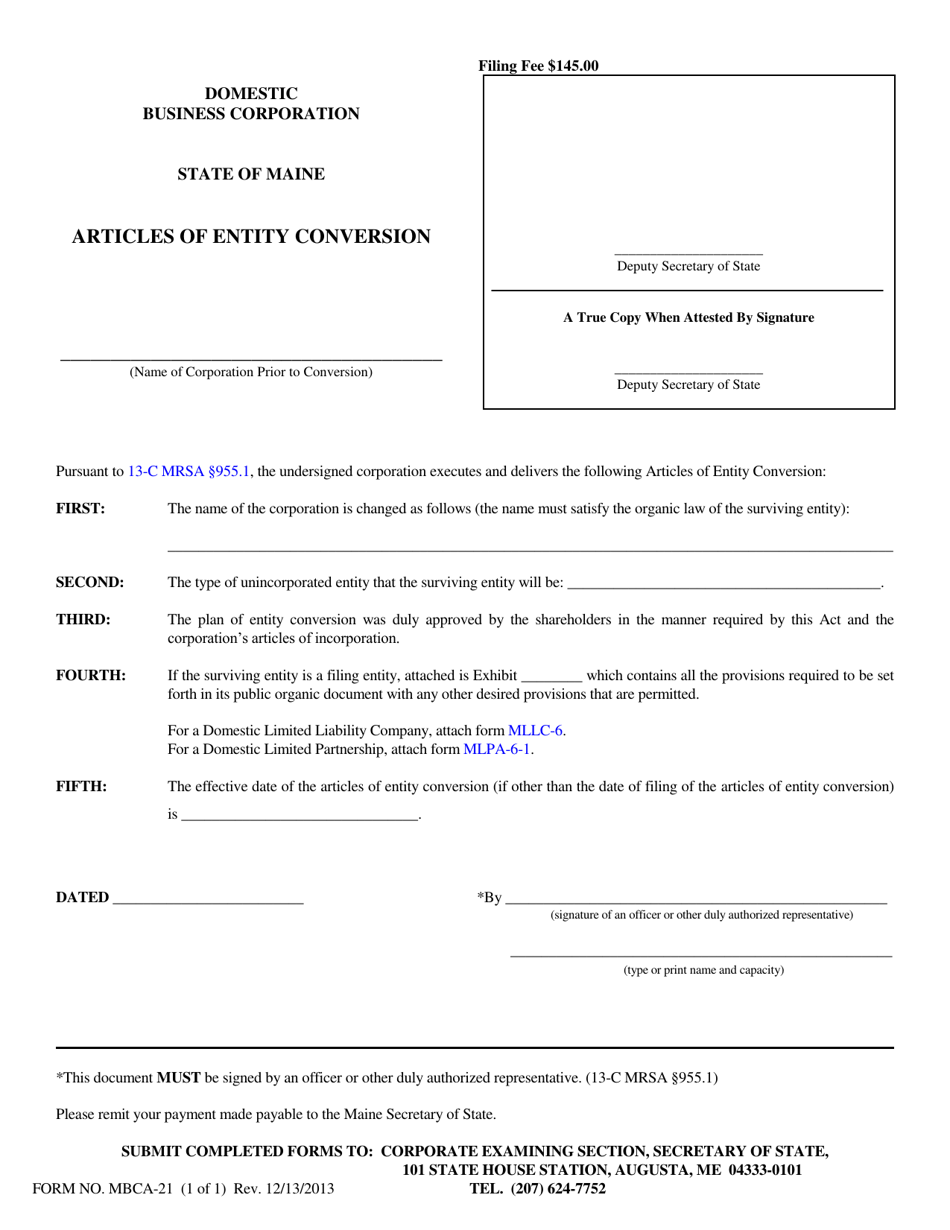 Form MBCA 21 Download Fillable PDF Or Fill Online Articles Of Entity   Form Mbca 21 Articles Of Entity Conversion Maine Print Big 