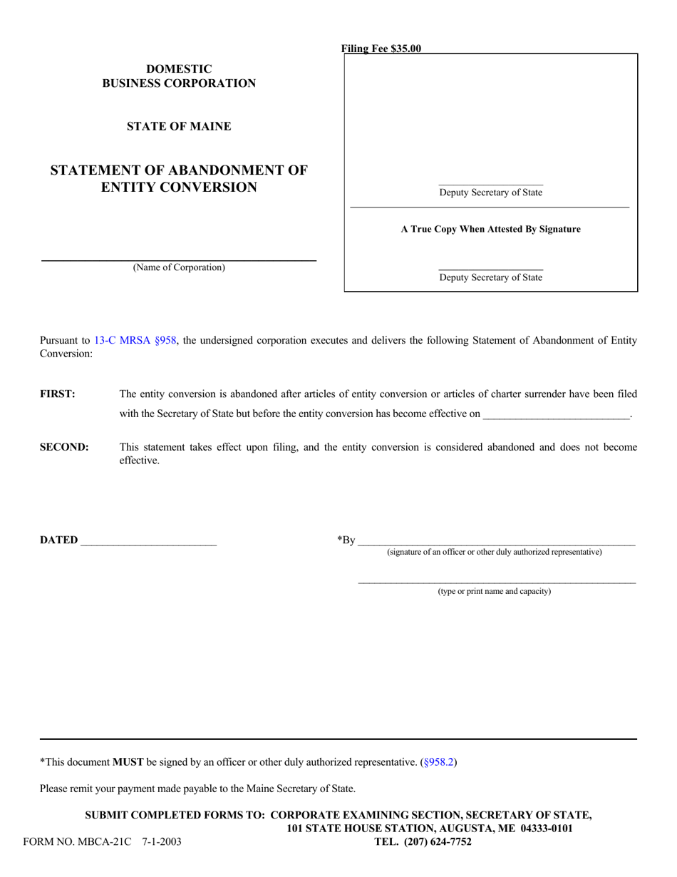 Form MBCA-21C Statement of Abandonment of Entity Conversion - Maine, Page 1