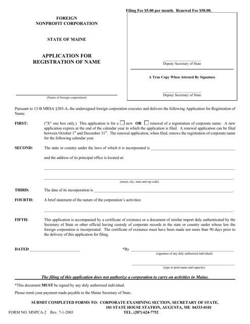 Form MNPCA-2 Application for Registration of Name - Maine