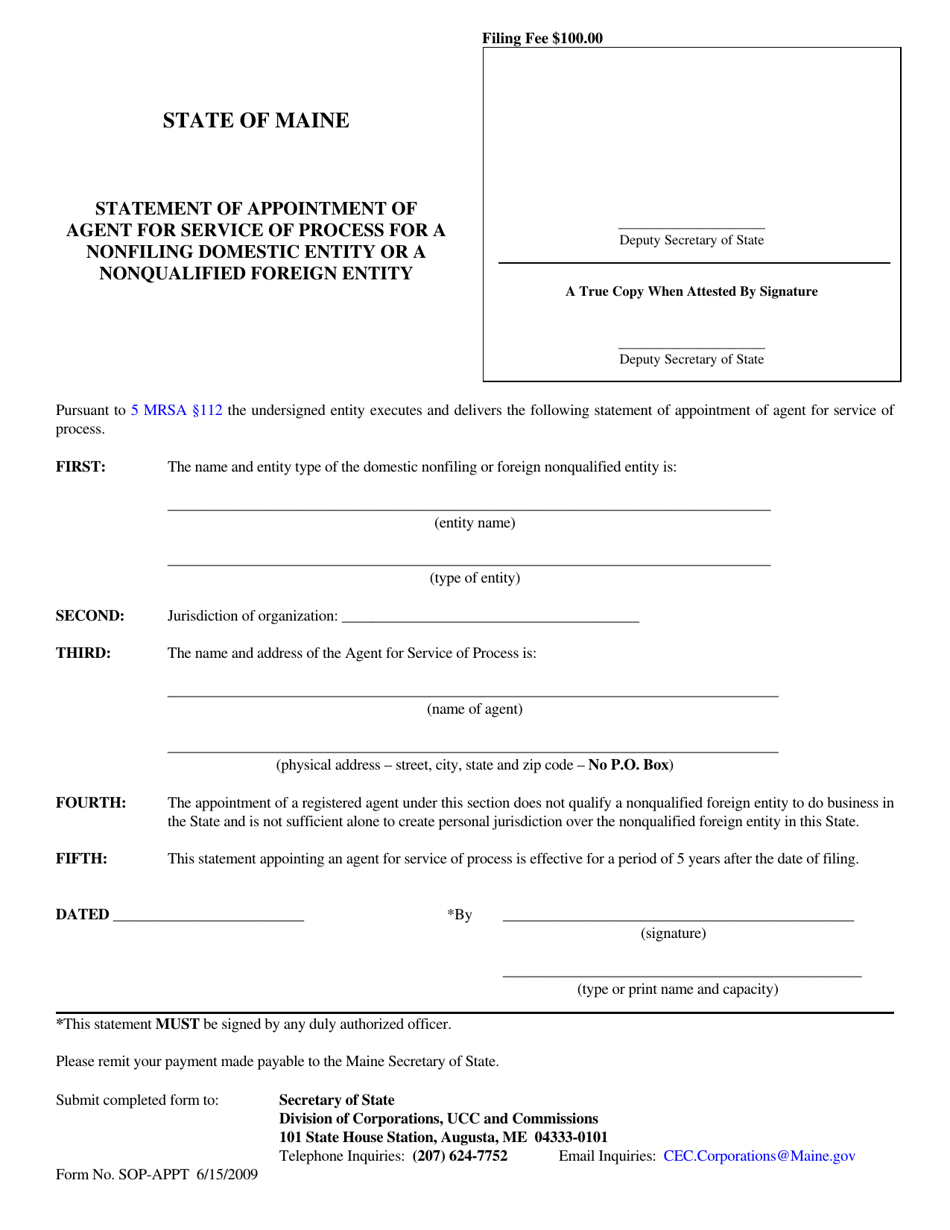 Form SOP-APPT Statement of Appointment of Agent for Service of Process for a Nonfiling Domestic Entity or a Nonqualified Foreign Entity - Maine, Page 1