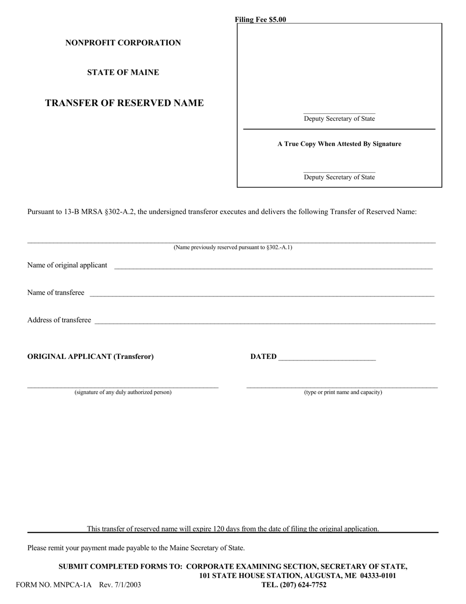 Form MNPCA-1A Transfer of Reserved Name - Maine, Page 1