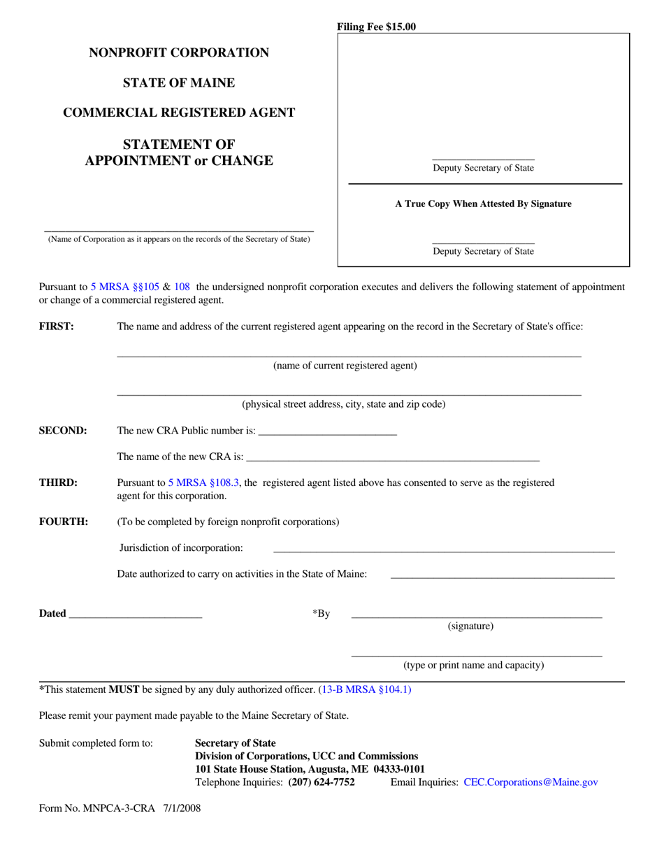 Form MNPCA-3-CRA Statement of Appointment or Change of Commercial Registered Agent - Maine, Page 1