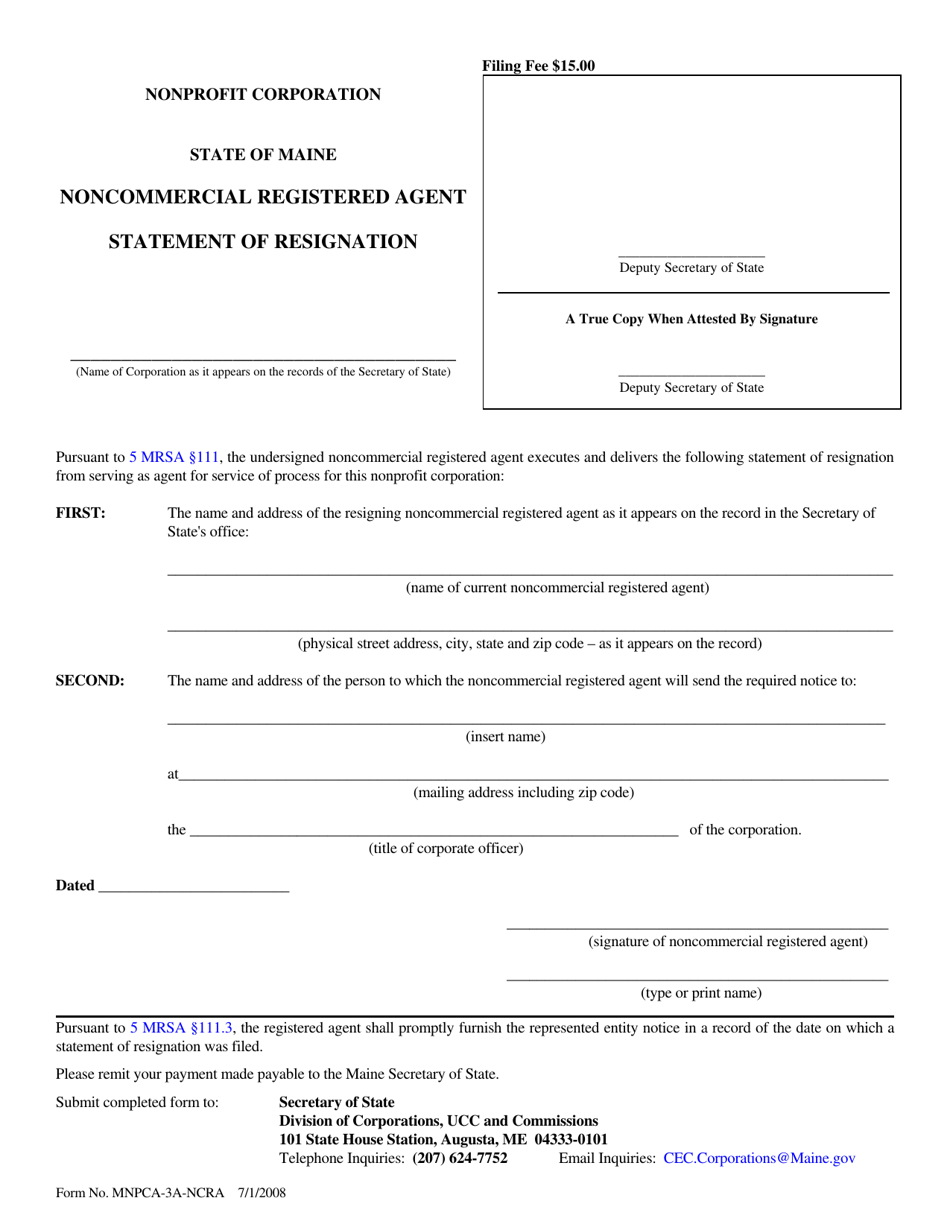 Form MNPCA-3A-NCRA Statement of Resignation of Noncommercial Registered Agent - Maine, Page 1