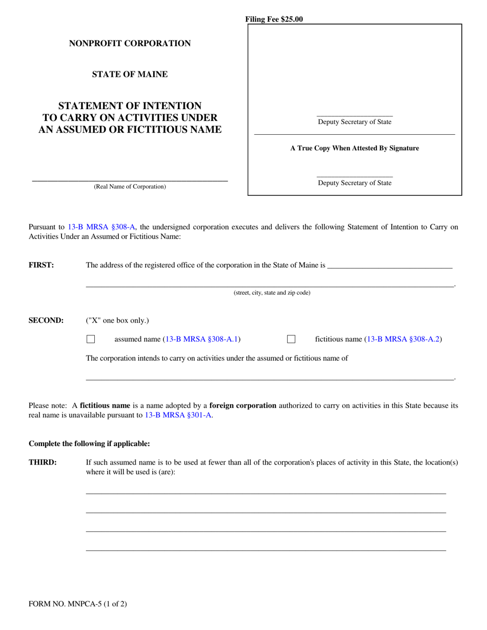 Form MNPCA-5 Statement of Intention to Carry on Activities Under an Assumed or Fictitious Name - Maine, Page 1