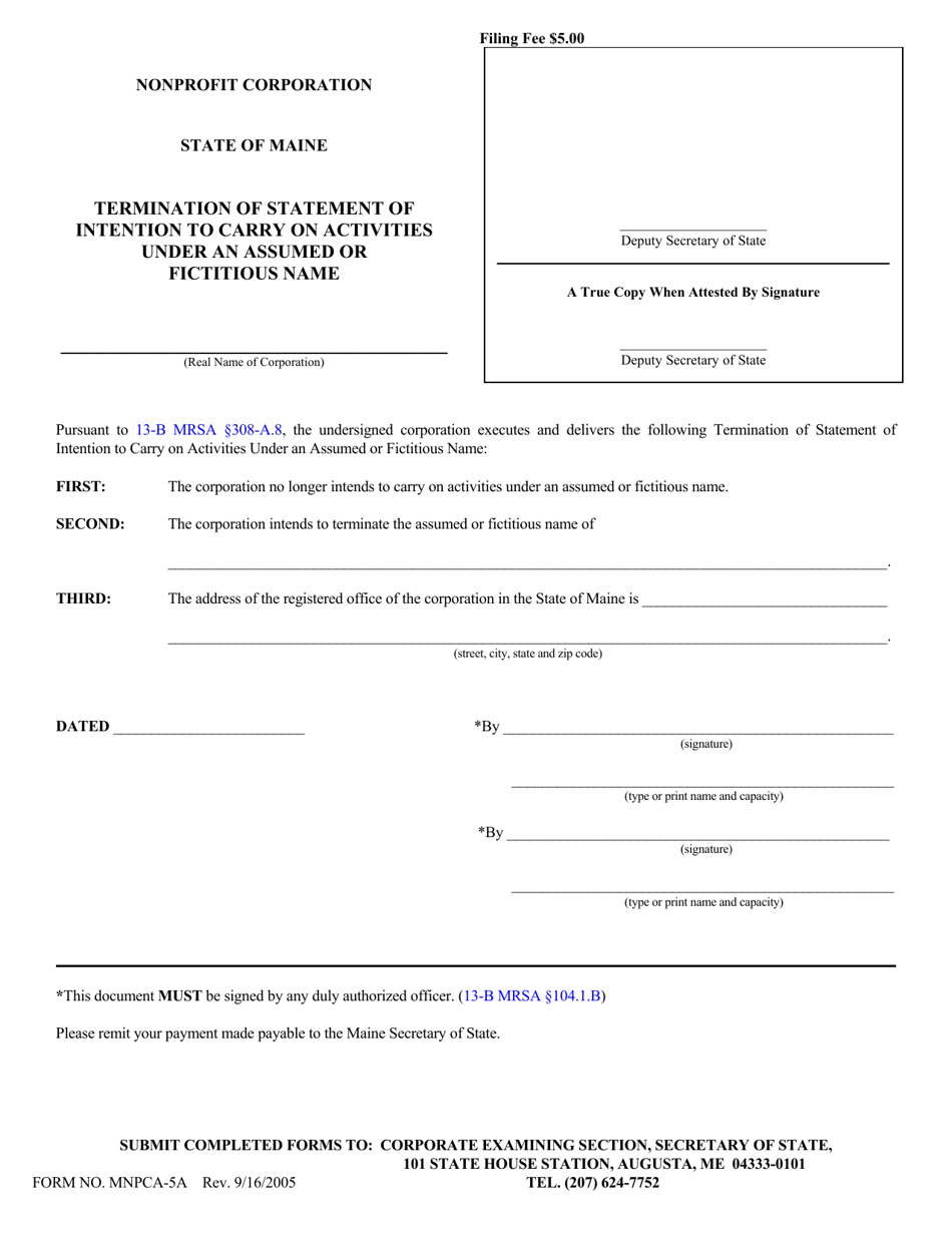 Form MNPCA-5A Termination of Statement of Intention to Carry on Activities Under an Assumed or Fictitious Name - Maine, Page 1