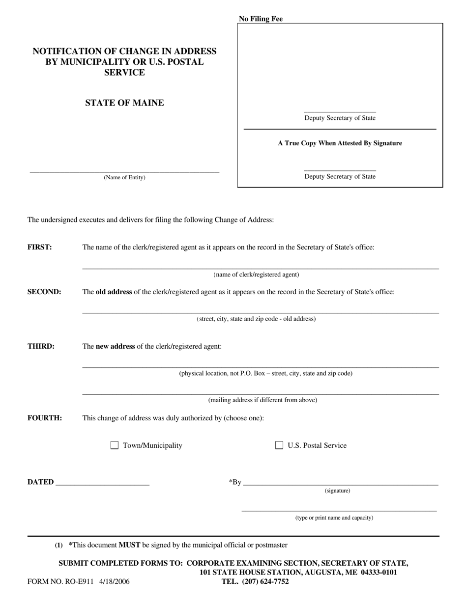 Form RO-E911 Notification of Change in Address by Municipality or U.S. Postal Service - Maine, Page 1