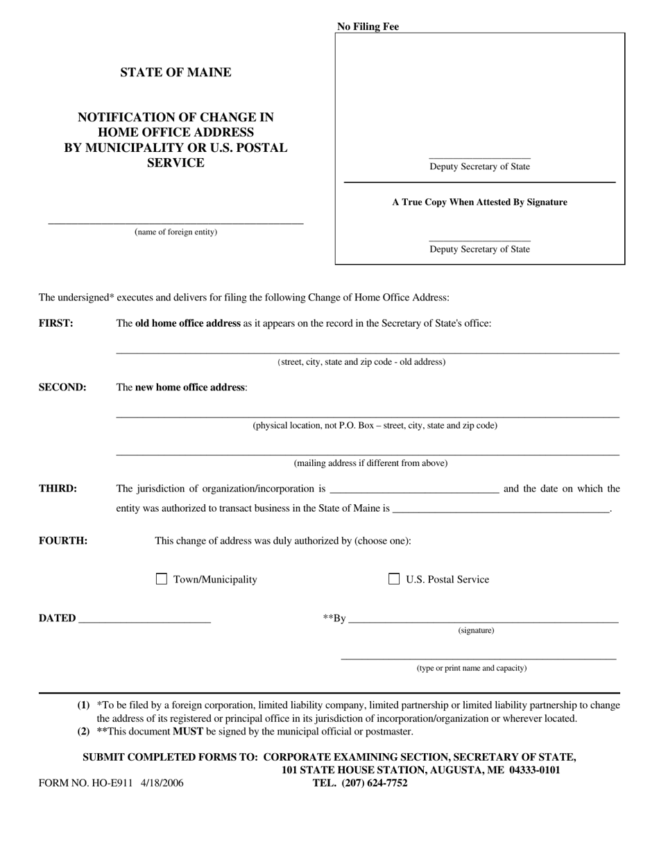 Form HO-E911 Notification of Change in Home Office Address by Municipality or U.S. Postal Service - Maine, Page 1