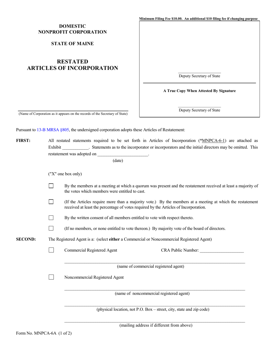 Form MNPCA-6A Restated Articles of Incorporation - Maine, Page 1