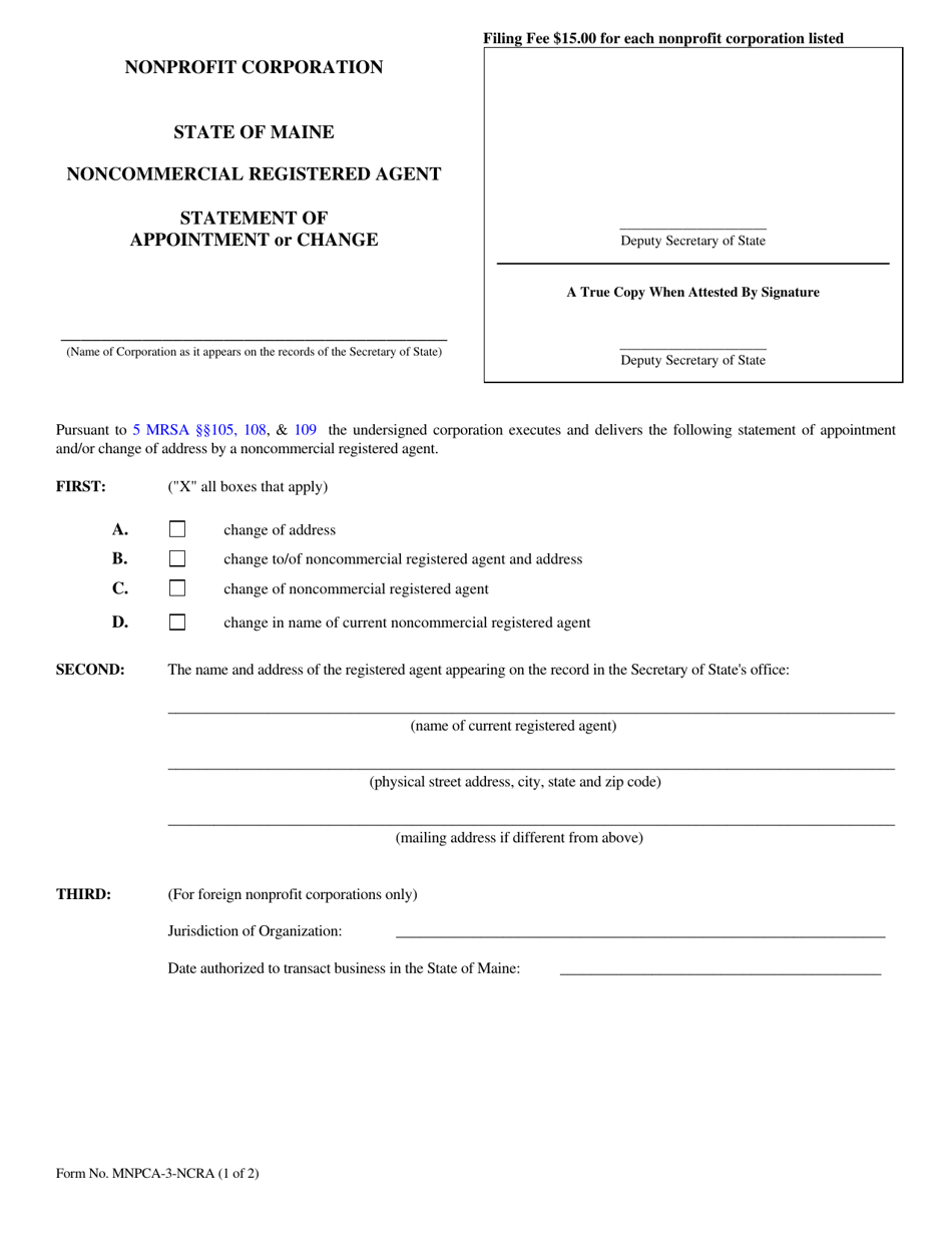Form MNPCA-3-NCRA Statement of Appointment or Change of Noncommercial Registered Agent - Maine, Page 1