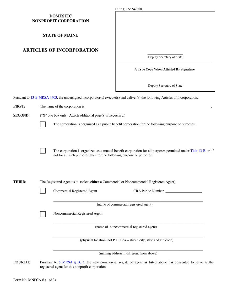 Form MNPCA-6 Articles of Incorporation - Maine, Page 1