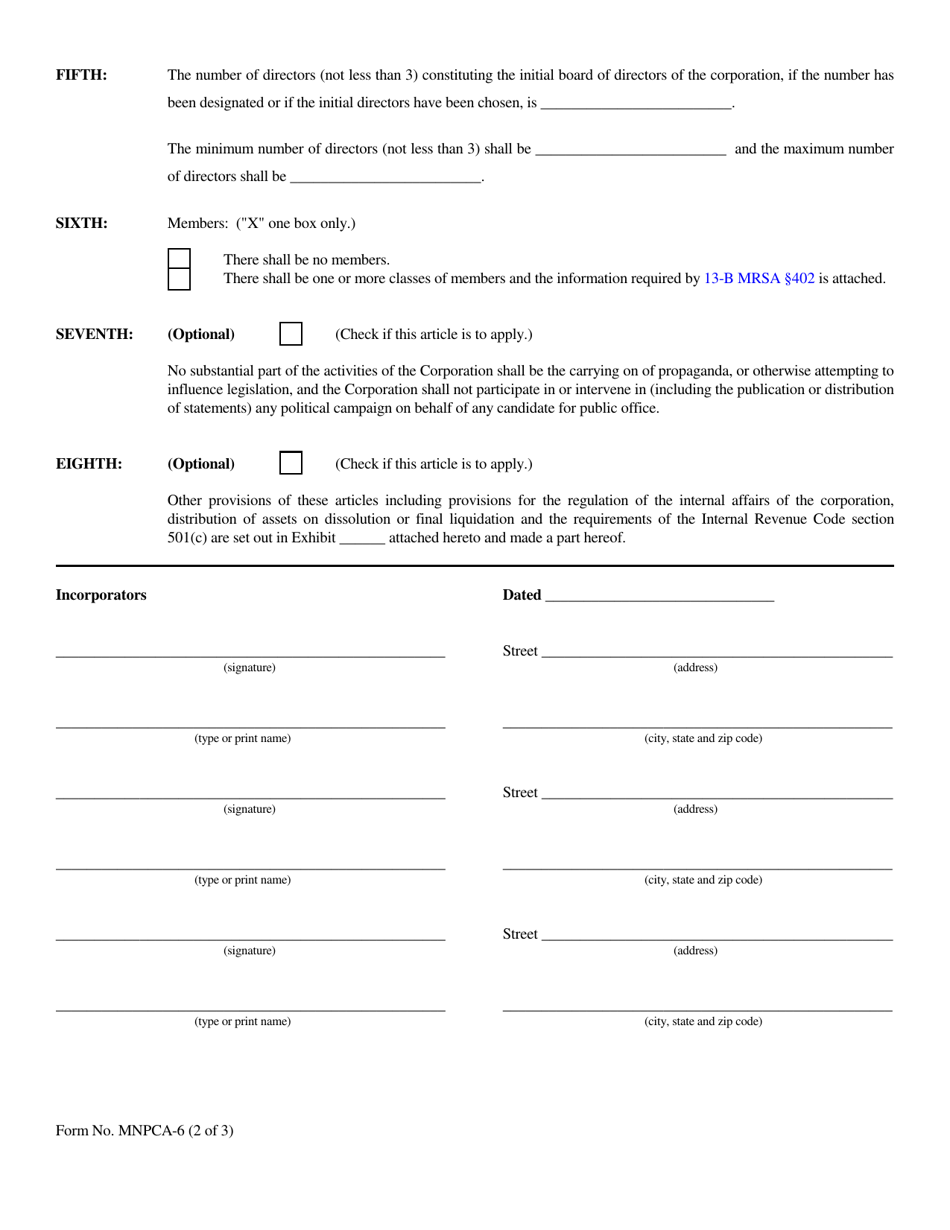 Form MNPCA-6 Download Fillable PDF or Fill Online Articles of ...