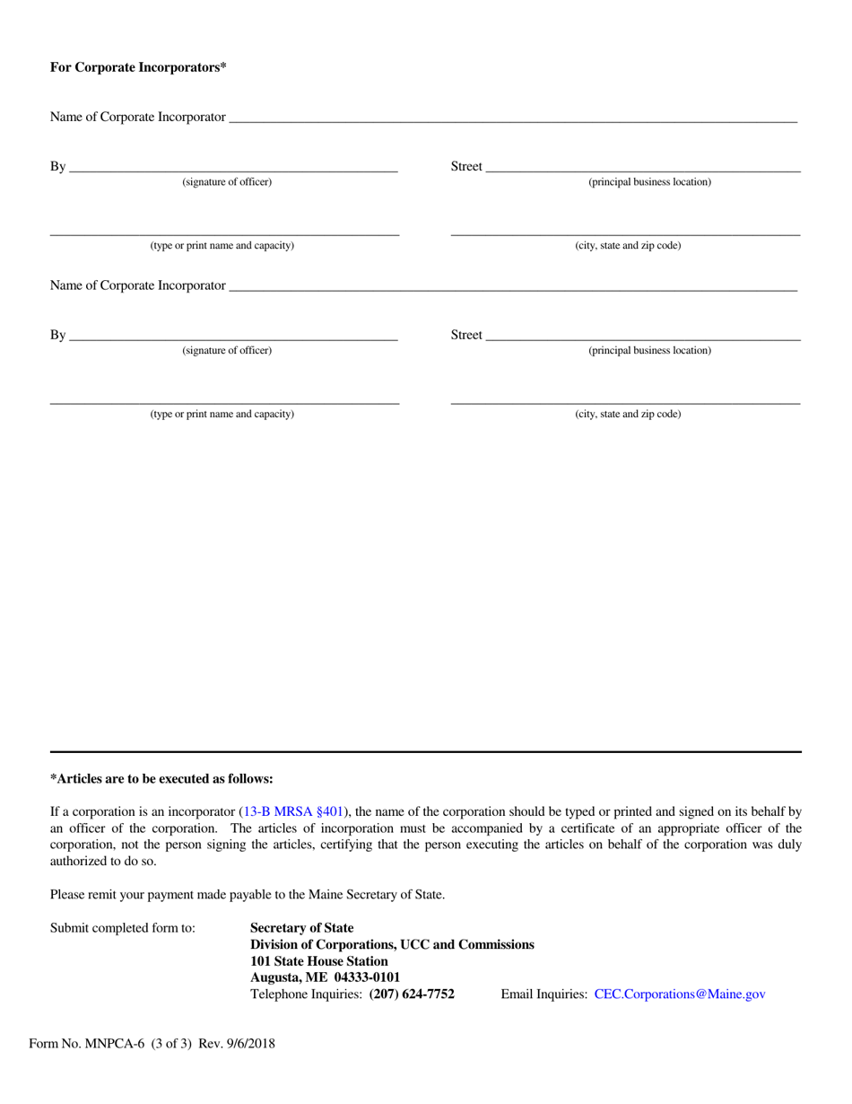 Form MNPCA-6 Articles of Incorporation - Maine, Page 3