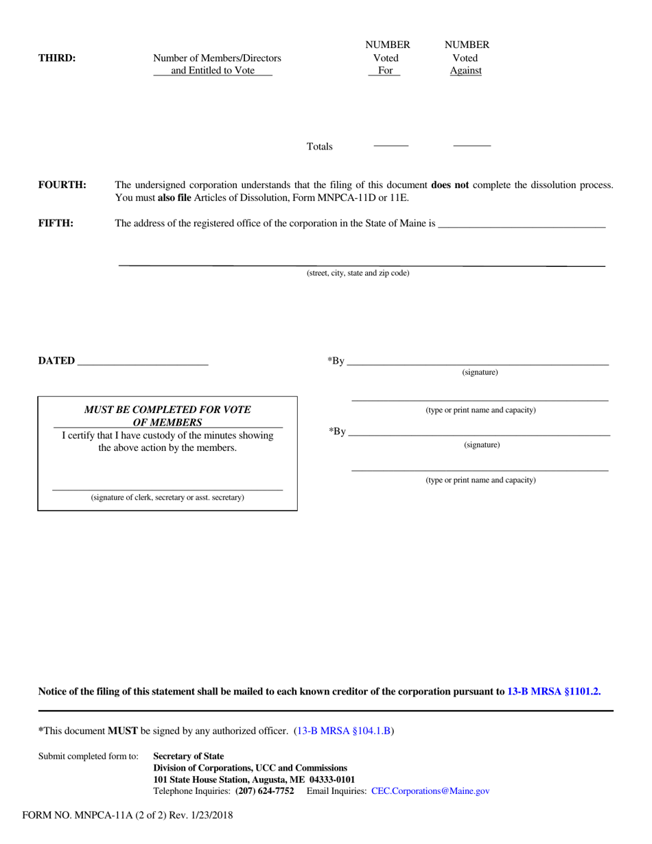 Form MNPCA-11A Statement of Intent to Dissolve (Vote of Members or Directors) - Maine, Page 2