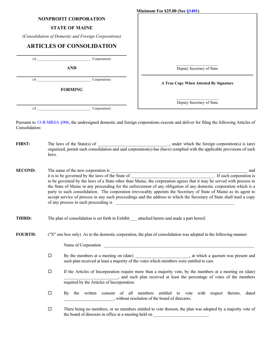 Form MNPCA-10E Articles of Consolidation (Domestic and Foreign Corporations) - Maine, Page 1