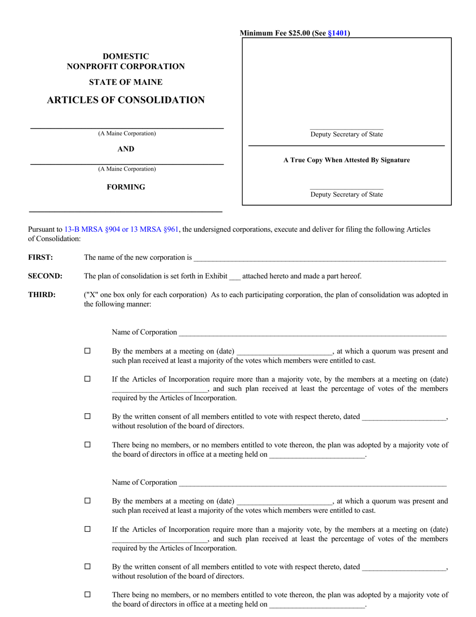 Form MNPCA-10A Articles of Consolidation - Maine, Page 1