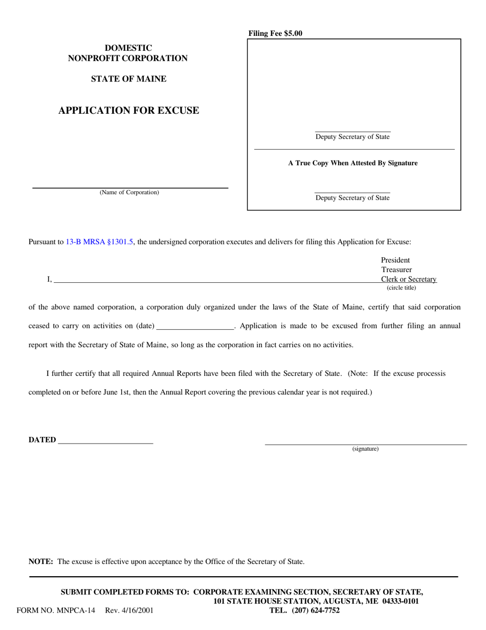 Form MNPCA-14 Application for Excuse - Maine, Page 1