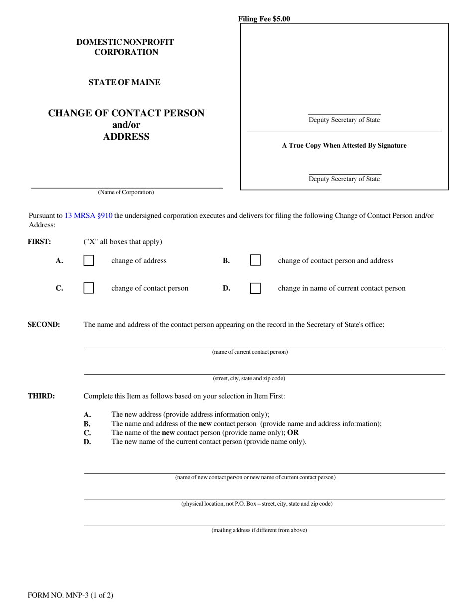 Form MNP-3 Change of Contact Person and / or Address - Maine, Page 1