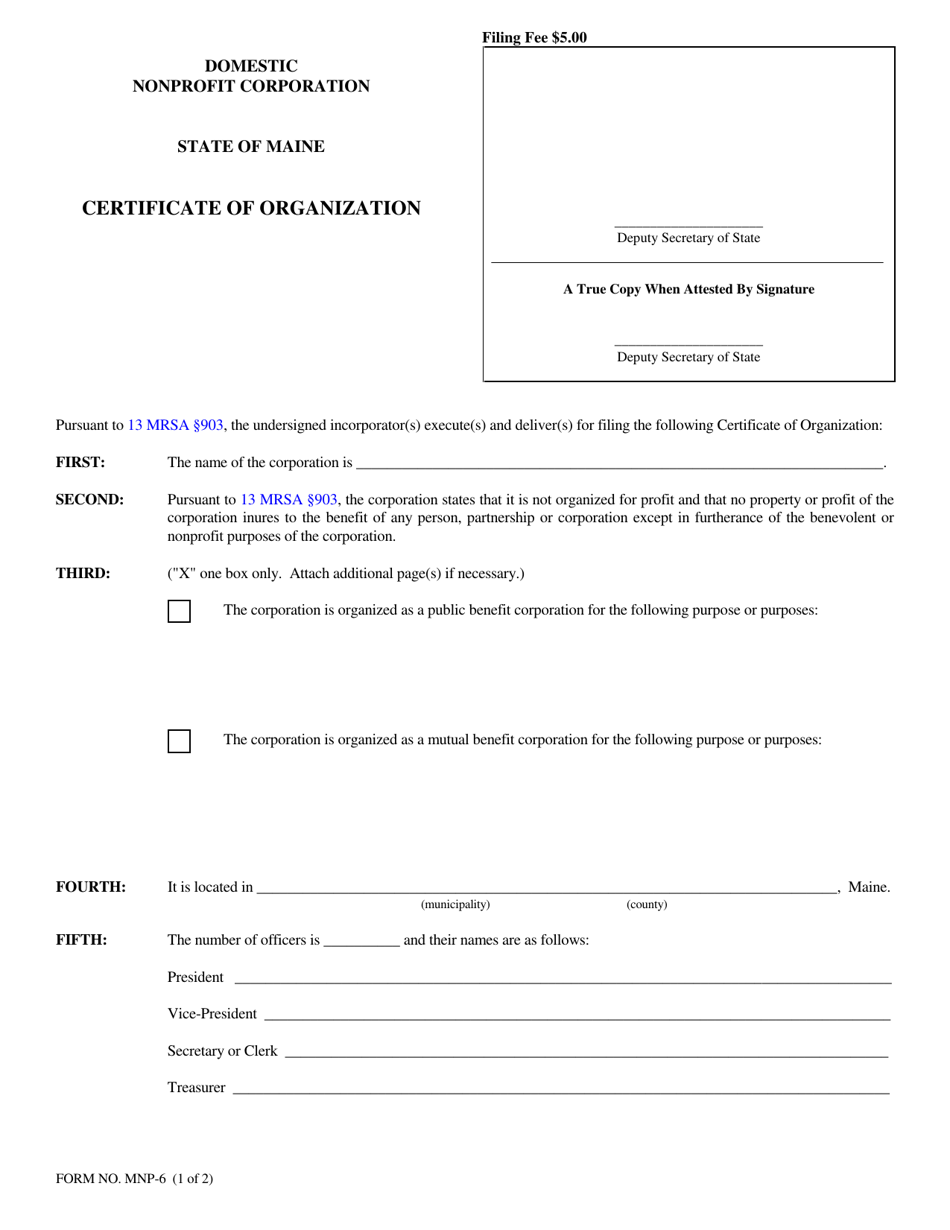 Form MNP-6 Certificate of Organization - Maine, Page 1