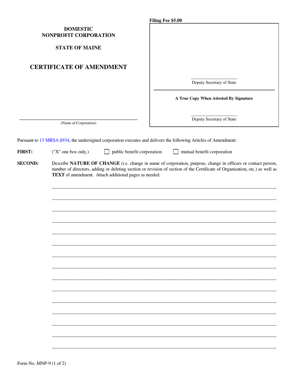 Form MNP-9 Certificate of Amendment - Maine, Page 1