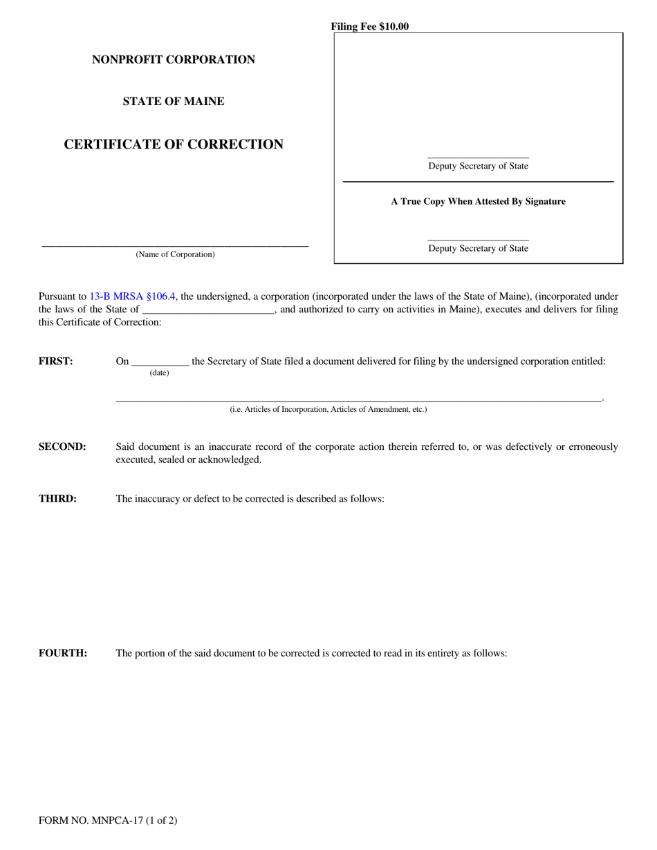 Form MNPCA-17 Certificate of Correction - Maine, Page 1