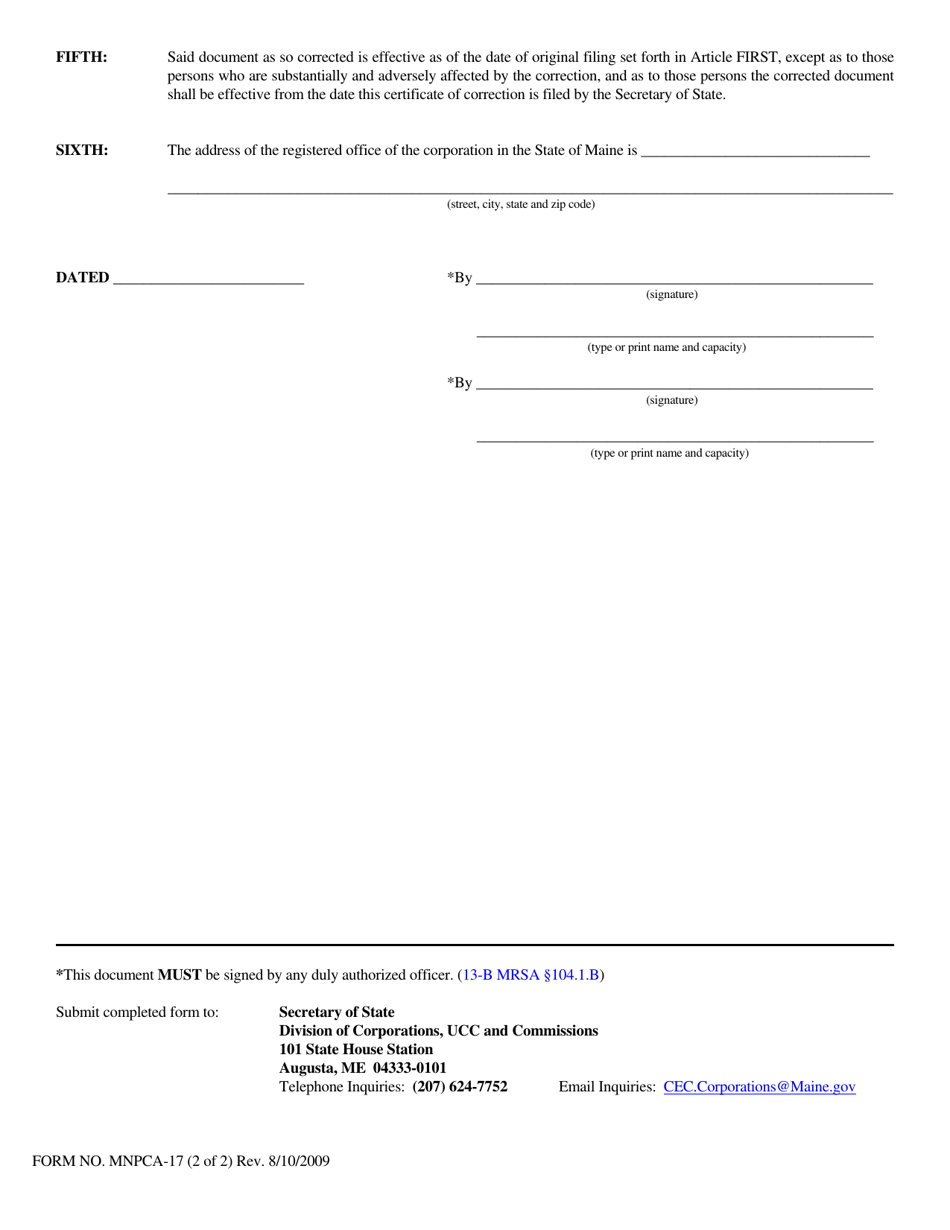 Form MNPCA-17 Download Fillable PDF or Fill Online Certificate of ...