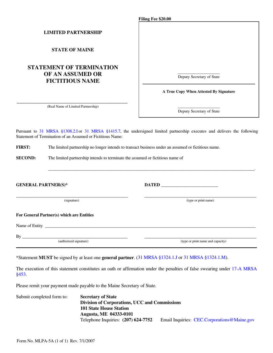 Form MLPA-5A Statement of Termination of an Assumed or Fictitious Name - Maine, Page 1