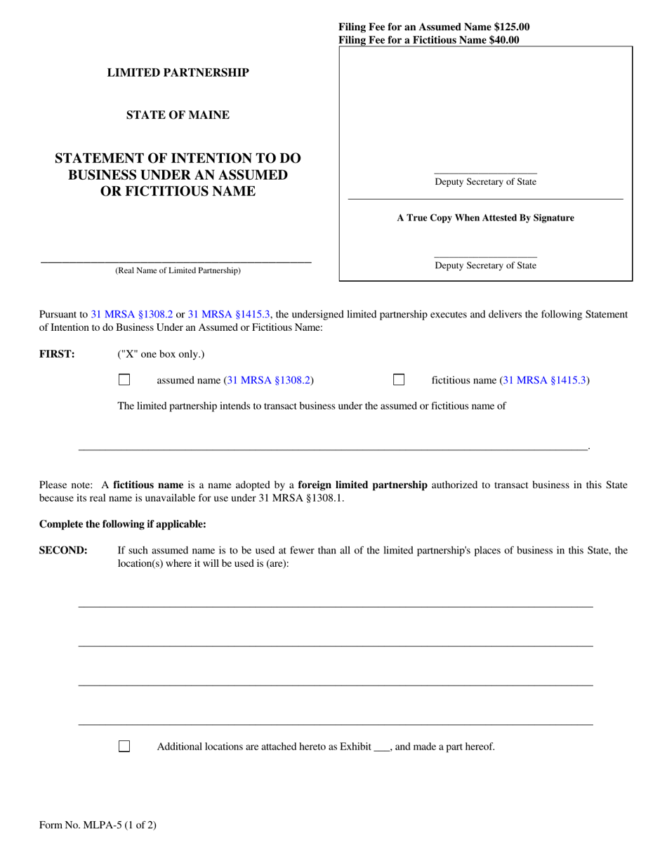 Form MLPA-5 Statement of Intention to Do Business Under an Assumed or Fictitious Name - Maine, Page 1