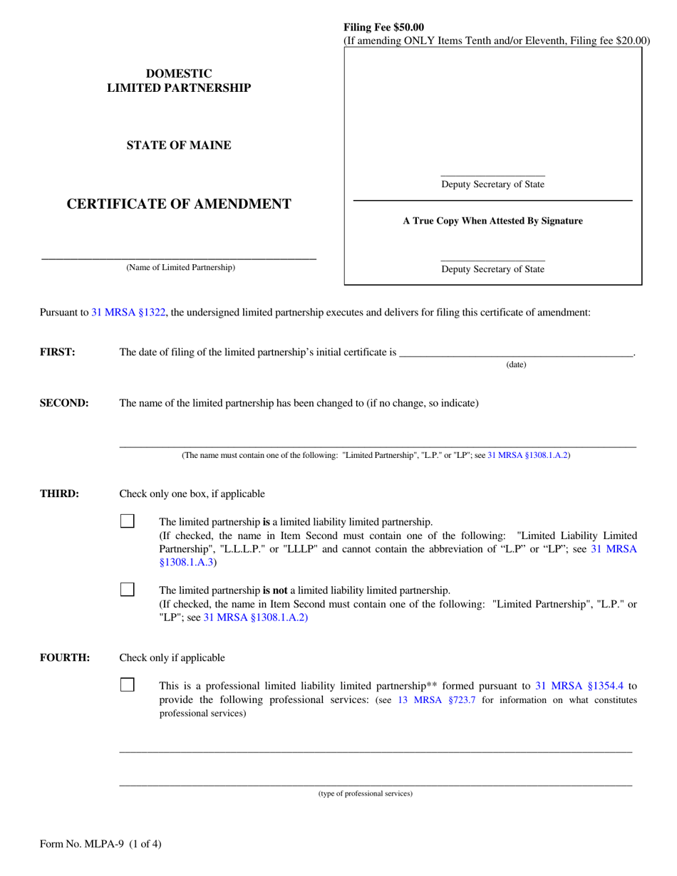 Form MLPA-9 Certificate of Amendment - Maine, Page 1