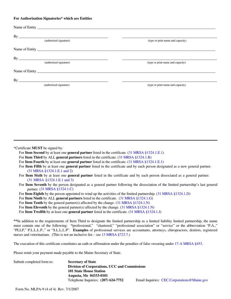 Form MLPA-9 Certificate of Amendment - Maine, Page 4