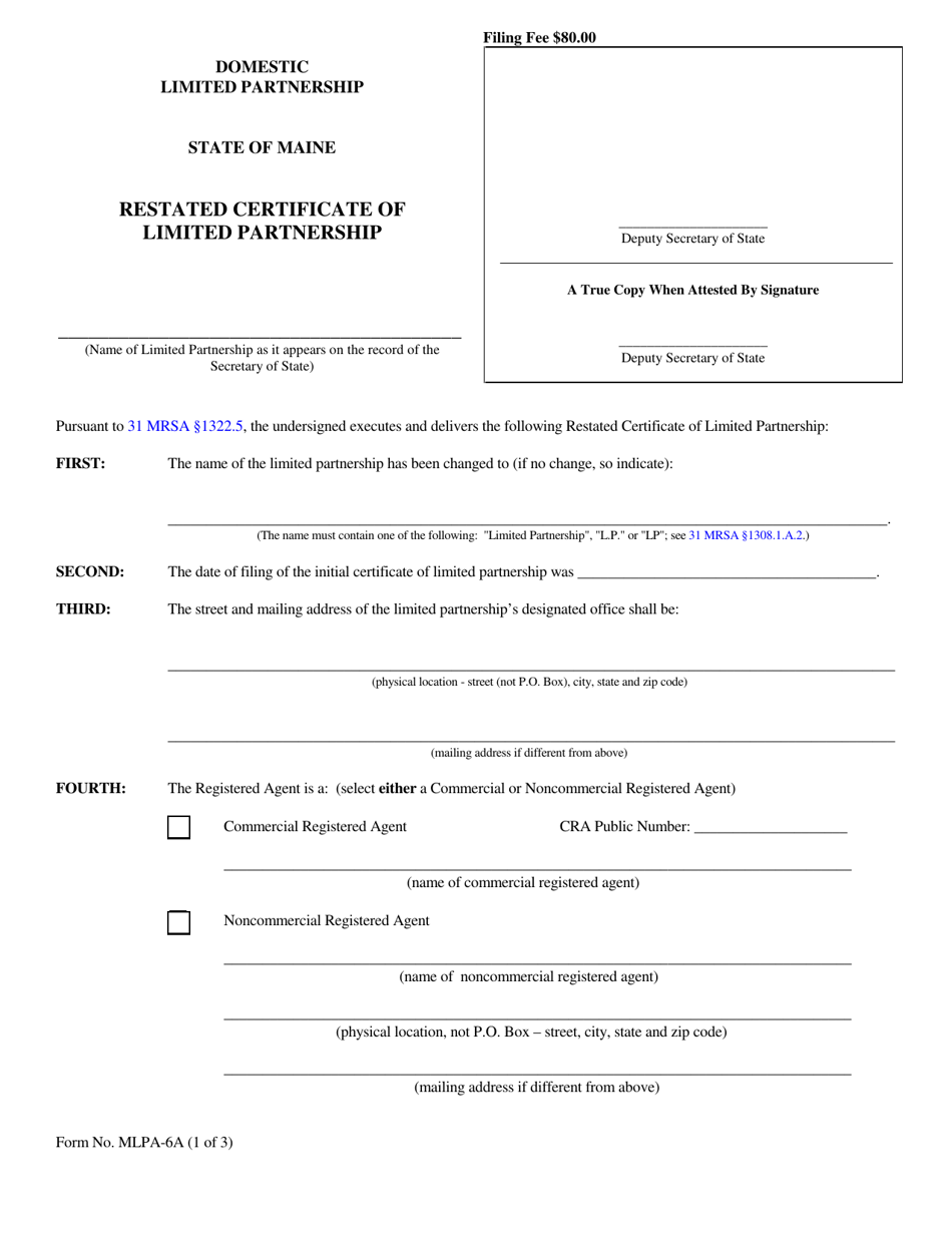Form MLPA-6A Restated Certificate of Limited Partnership - Maine, Page 1