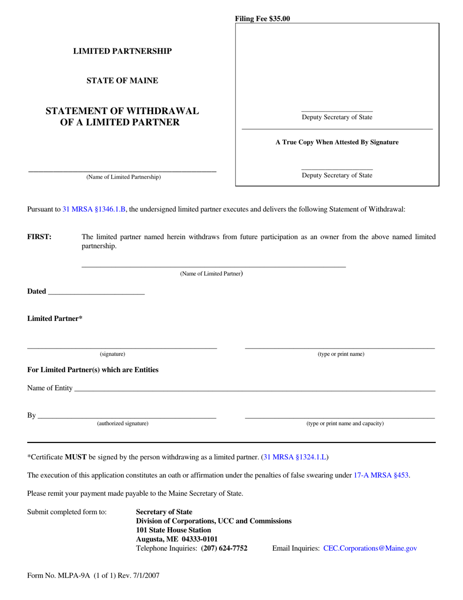 Form MLPA-9A Statement of Withdrawal of a Limited Partner - Maine, Page 1