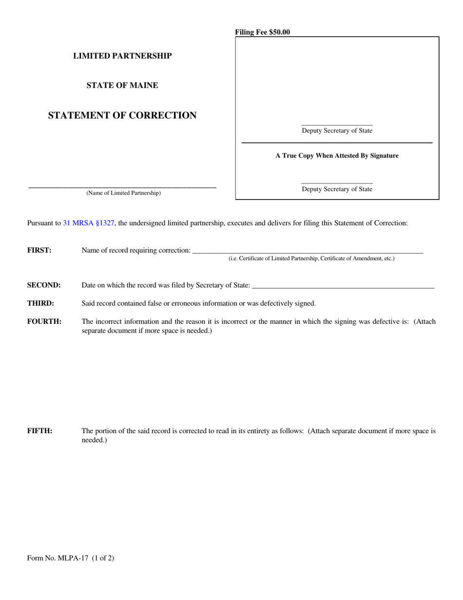 Form MLPA-17 Statement of Correction - Maine, Page 1