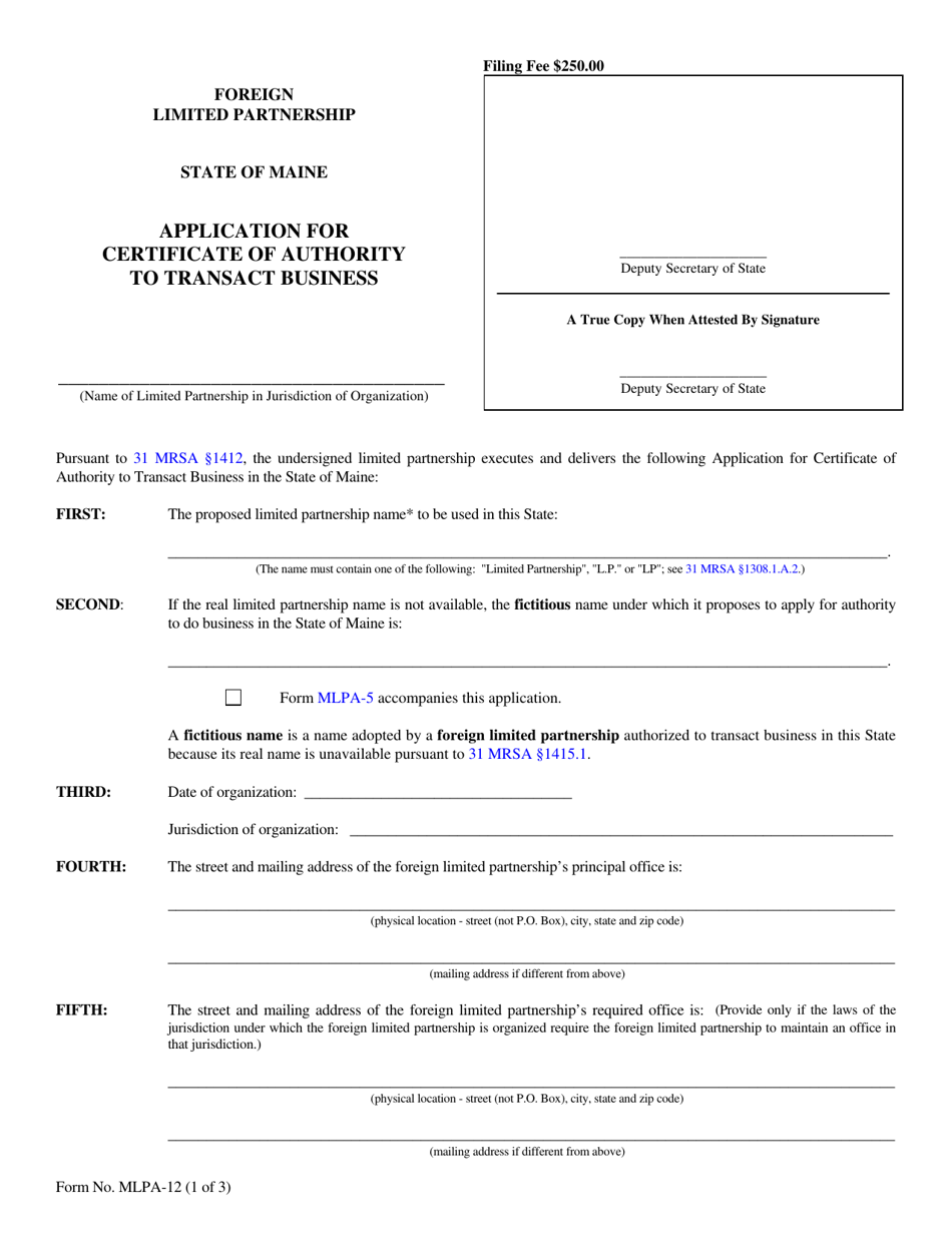 Form Mlpa 12 Download Fillable Pdf Or Fill Online Application For Certificate Of Authority To 2092