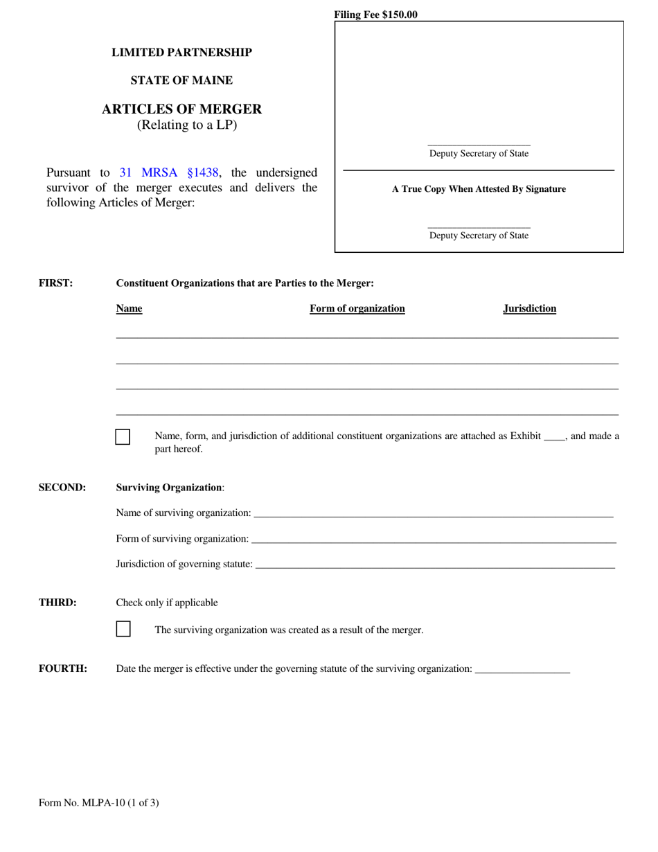 Form MLPA-10 Articles of Merger (Relating to a Lp) - Maine, Page 1