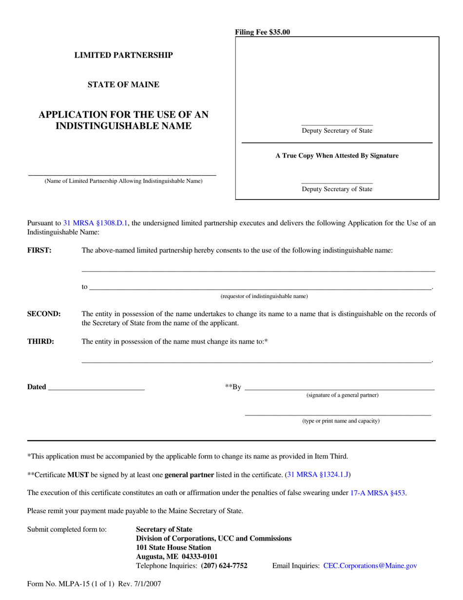 Form MLPA-15 Application for the Use of an Indistinguishable Name - Maine, Page 1