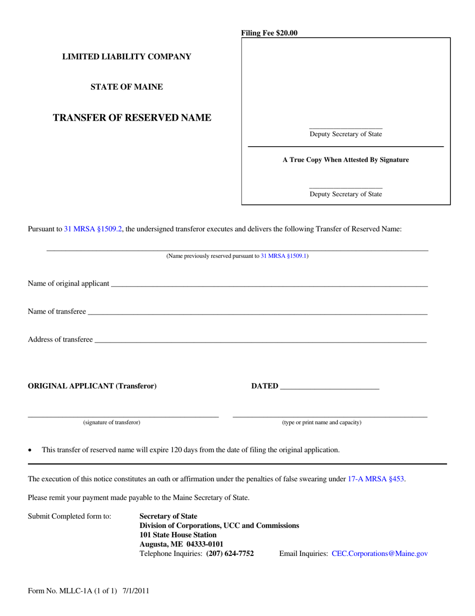 Form MLLC-1A Transfer of Reserved Name - Maine, Page 1