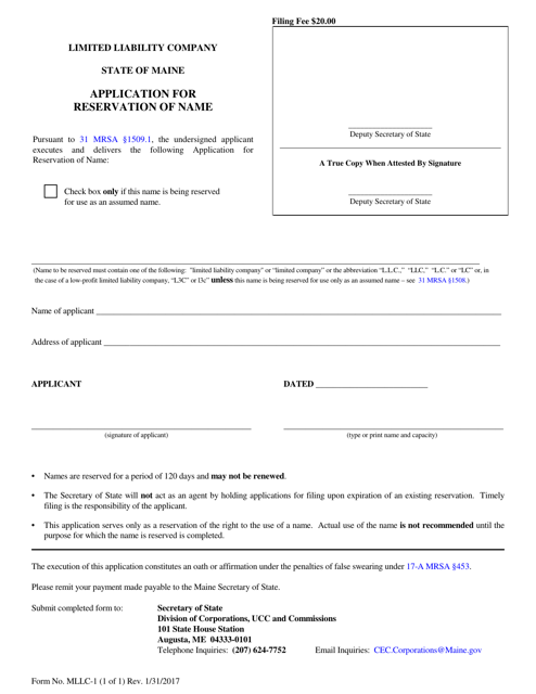Form MLLC-1 Application for Reservation of Name - Maine