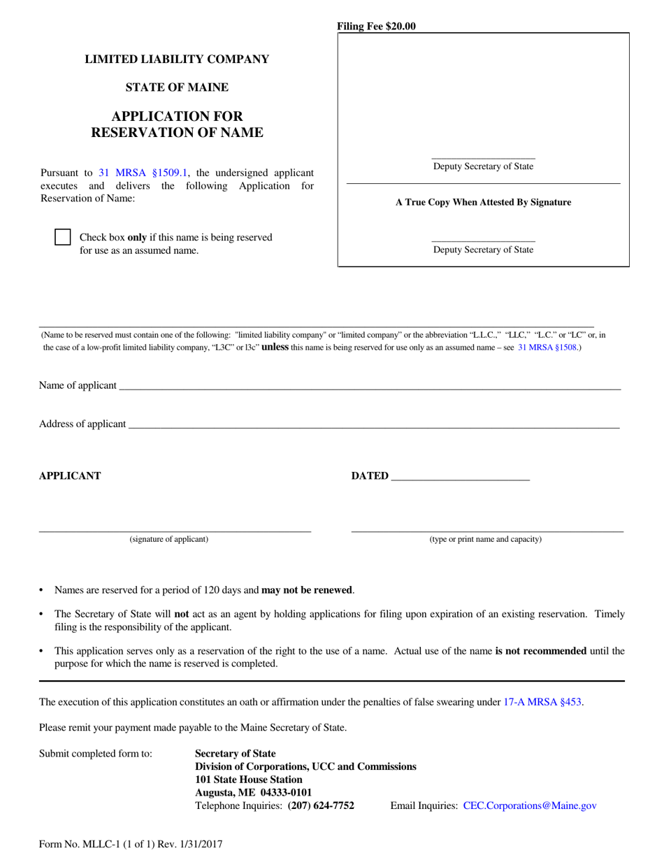Form MLLC-1 Application for Reservation of Name - Maine, Page 1