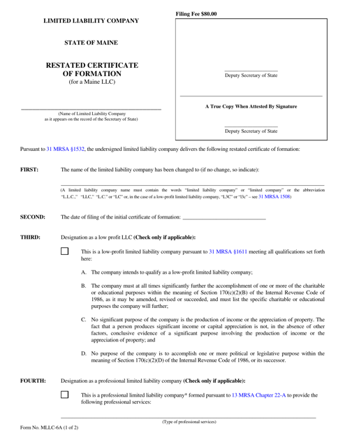 Form MLLC-6A Restated Certificate of Formation (For a Maine LLC) - Maine