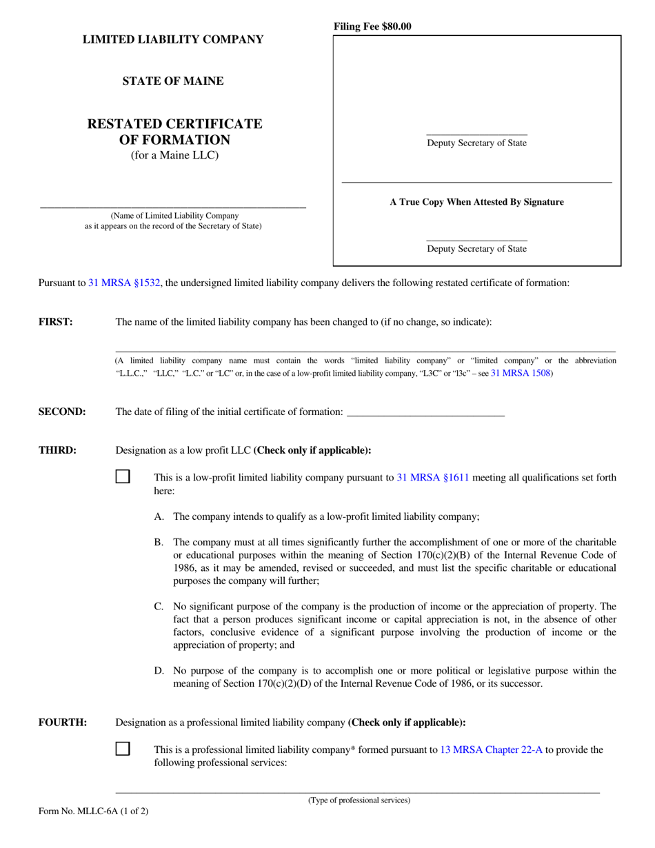 Form MLLC-6A Restated Certificate of Formation (For a Maine LLC) - Maine, Page 1