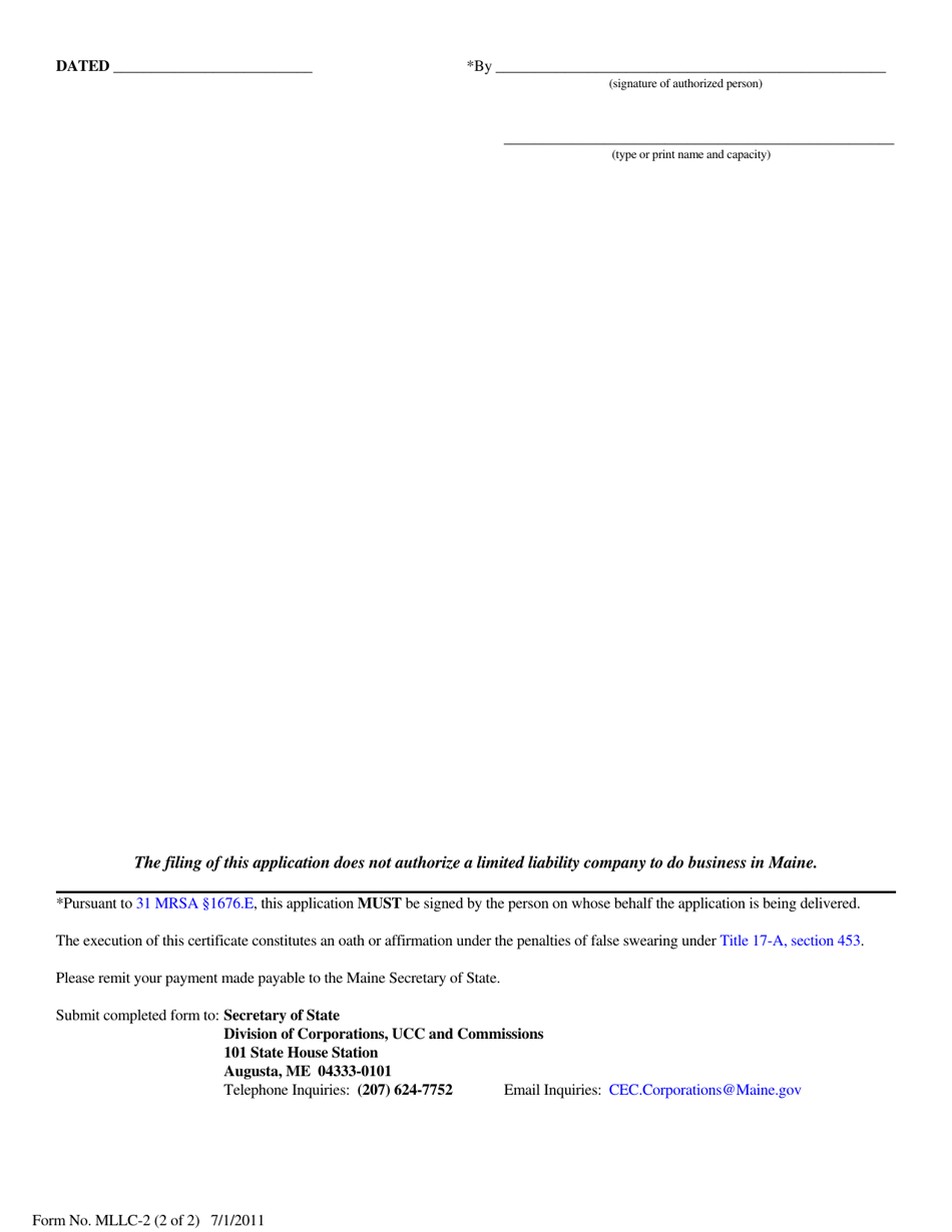 Form MLLC-2 Application for Registration of Name - Maine, Page 2