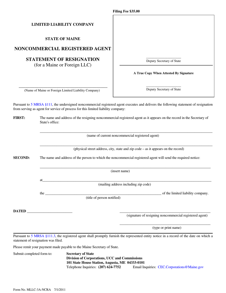 Form MLLC-3A-NCRA Statement of Resignation of Noncommercial Registered Agent - Maine, Page 1